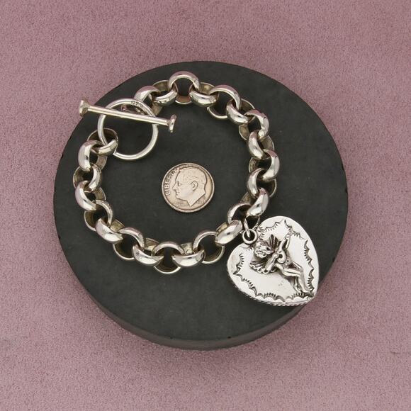 ⚡️sold⚡️ joan slifka sterling silver xl lapis cherub heart bracelet 6.5in - Picture 3 of 4
